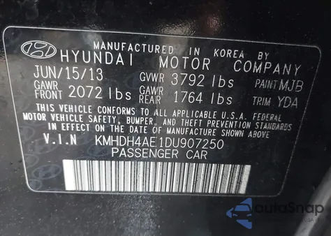 2013 Hyundai Elantra Gls from USA, damaged, VIN KMHDH4AE1DU907250